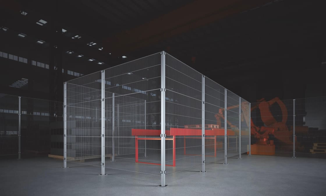 Flex machine afscherming van gaaspanelen rondom een robotcel in een productiehal